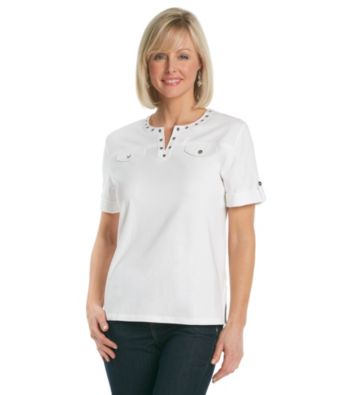 Alfred Dunner® Rolled Short Sleeve Splitneck Grommet Top