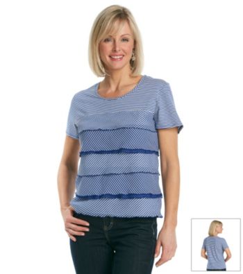 Alfred Dunner® Short Sleeve Scoopneck Front Ruffle Stripe Top