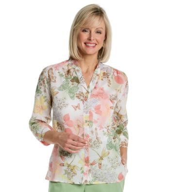 Alfred Dunner® Y-Neck Buttonfront Floral Butterfly Print Top
