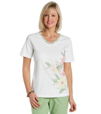 Alfred Dunner® Short Sleeve V-Neck Floral Embroidery Top