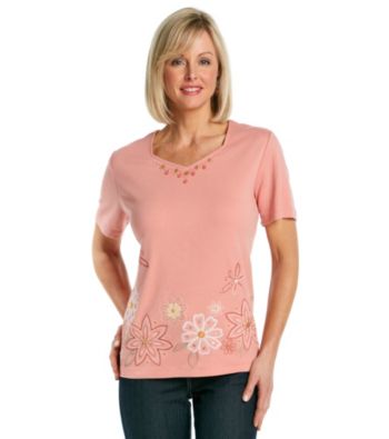 Alfred Dunner® Short Sleeve V-Neck Floral Beaded And Embroidered Top