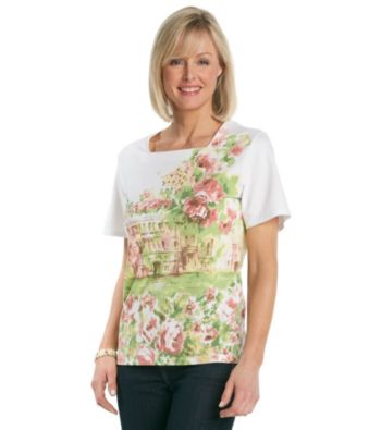 Alfred Dunner® Short Sleeve Squareneck Scenic Print Top
