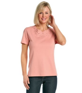 Alfred Dunner® Short Sleeve Floral Neckline Tee