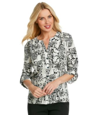 Notations® Mandarin Collar Y-Neck Floral Shirt