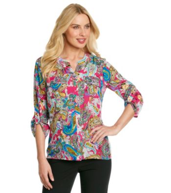 Notations® Mandarin Y-Neck Paisley Print Shirt
