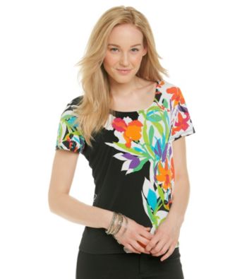 Notations® Short Sleeve Scoopneck Floral Print Top