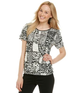 Notations® Short Sleeve Scoopneck Animal Print Shutter Top