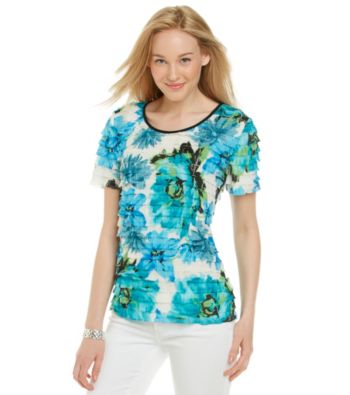 Notations® Short Sleeve Scoopneck Floral Print Shutter Top
