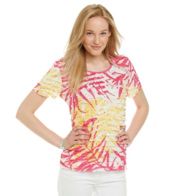 Notations® Short Sleeve Scoopneck Leaf Print Shutter Top