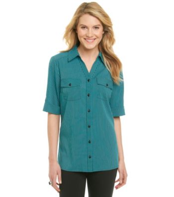 Notations® Point Collar Y-Neck Buttonfront Striped Shirt