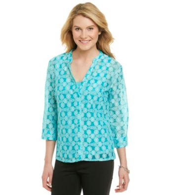 Notations® Madrian Y-Neck Solid Crochet Layered Look Top