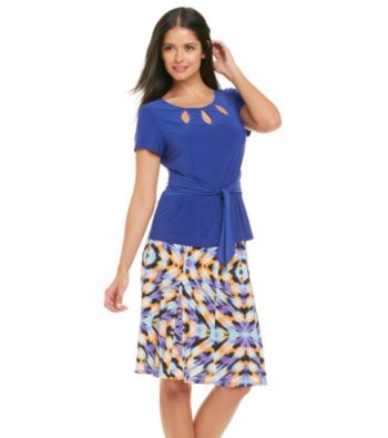 Perceptions Solid Top Multi Print Knit Skirt Set