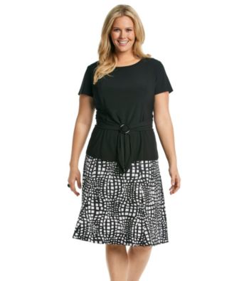 Perceptions Plus Size Solid Top and Geo Print Skirt Set