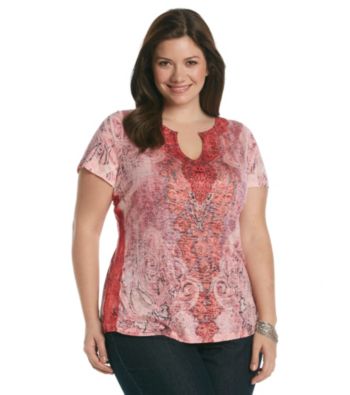 Oneworld® Plus Size Splitneck Tee With Lace Sides