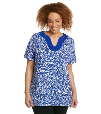 Rafaella® Plus Size Printed Embellished Neckline Top