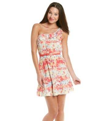 Trixxi® Juniors' Printed Chally One Shoulder Belted Dress
