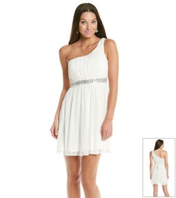 Trixxi® Juniors' One Shoulder Jeweled Chiffon Dress