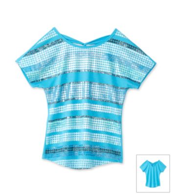 Beautees Girls' 7-16 Blue Sequin Striped Criss-Cross Back Top
