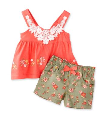 Nannette® Baby Girls' Coral Embroidery Trimmed Strappy Top and Shorts Set