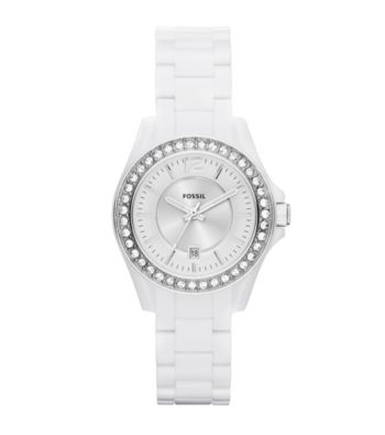 Fossil® Riley Mini Watch in White Acetate/Silvertone with Crystal Bezel 30mm