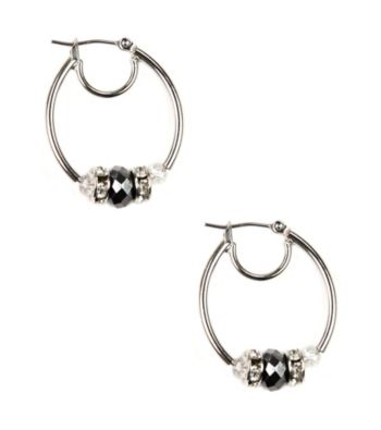 Nine West® Silvertone Slider Hoop Earrings with Faceted Hematite Beads and Crystal Stone Rondelles