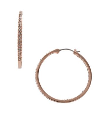 Fossil® Medium Rose Goldtone Hoop Earrings with Black Diamond Channel Set Glitz