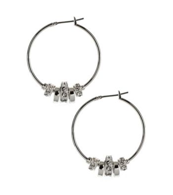 Nine West® Silvertone and Crystal Medium Click It Slider Hoop Earrings