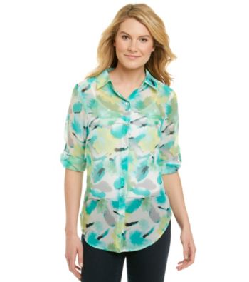 AGB® Roll-Tab Sleeve Buttonfront Sheer Top