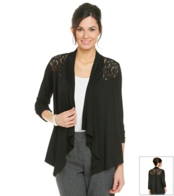 NY Collection Long Sleeve Cascade Front Lace Panel Knit Cardigan
