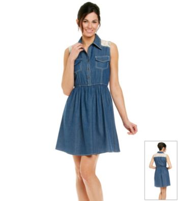 NY Collection Sleeveless Point Collar Lace Panel Denim Dress