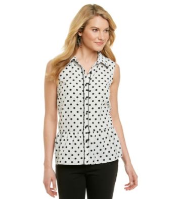 NY Collection Sleeveless Point Collar Buttonfront Dot Print Peplum Top