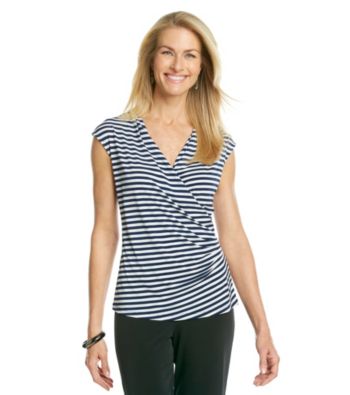 Evan-Picone® Short Sleeve Surplice V-Neck Stripe Print Side Ruched Top