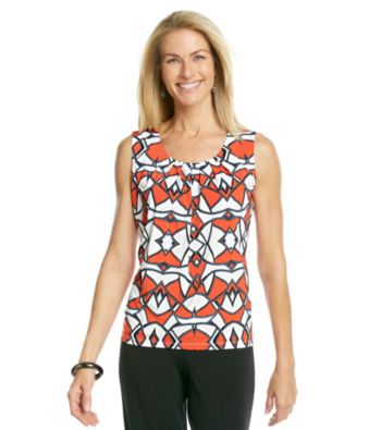 Evan-Picone® Sleeveless Pleatneck Printed Top