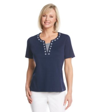 Cathy Daniels® Split Neckline Emroidered Top