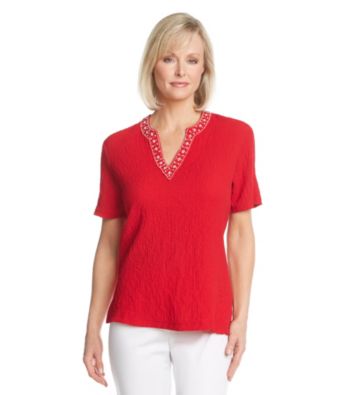 Cathy Daniels® Split Neckline With Embelishment Solid Top