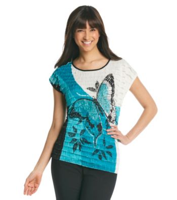 Notations® Scoop Neckline Front Butterfly Print Eyelash Top
