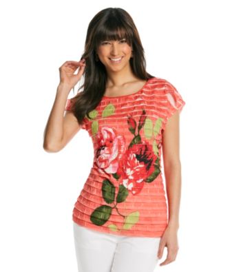 Notations® Scoop Neckline Front Flower Print Eyelash Top