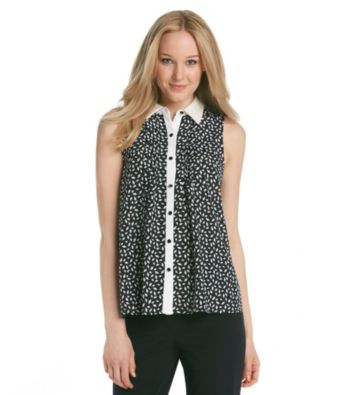 NY Collection Printed Contrast Placket Woven Top