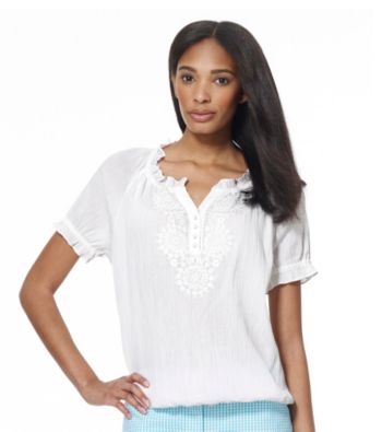Jones New York Sport® White Raglan Embroidered Top