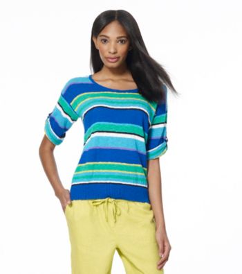 Jones New York Sport® Blue Multi Striped Roll Cuff Knit Top
