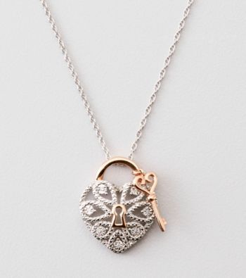 .02 ct. t.w. Diamond Heart Lock Pendant - Sterling Silver/14K Rose Gold