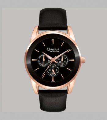 Caravelle® by Bulova Men's Multifunction Watch in Rose Goldtone with Black Leather Strap