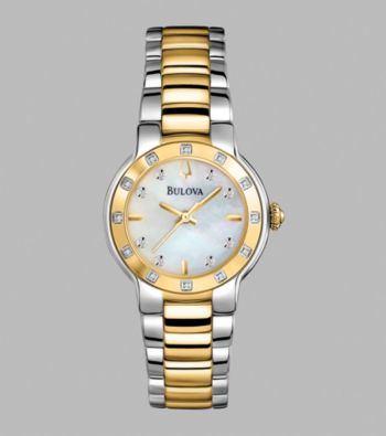 Bulova® Women's Diamond Set Case & Two Tone Bracelet Watch with Mother-of-Pearl Dial