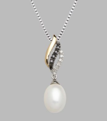 Freshwater Pearl Pendant with Black & White Diamonds - Sterling Silver/14K Yellow Gold
