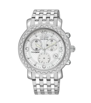 Citizen® Women's Drive Eco-Drive Silvertone Chronograph Watch with Swarovski® Crystal Bezel