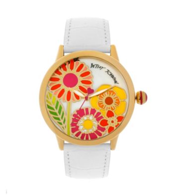 Betsey Johnson® Goldtone/White Leather Watch with Multi-Colored Floral Graphic Dial