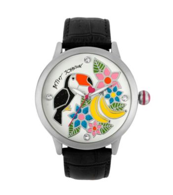 Betsey Johnson® Silvertone Toucan & Floral Graphic Dial Watch with Black Leather Strap