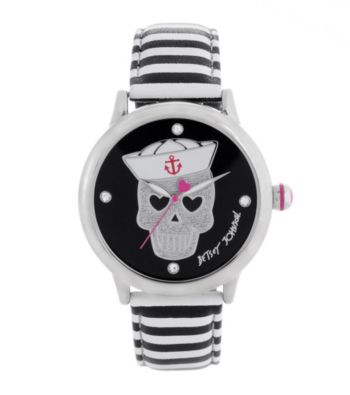 Betsey Johnson® Women's Silvertone/Black and White Leather Strap Watch