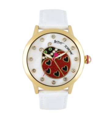 Betsey Johnson® Goldtone Lady Bug Graphic Dial and White Leather Strap Watch