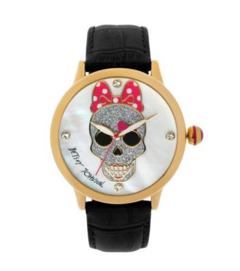 Betsey Johnson® Goldtone/Black Leather Watch with Skull & Bow Graphic Dial